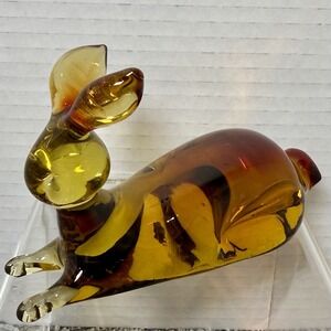 Vintage MCM Amber Art Blown Glass 4" Sitting Bunny Rabbit Figurine 60's